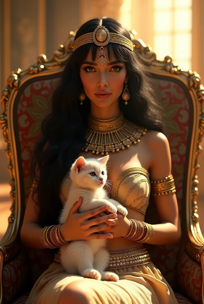 Indian woman with a meow girl look, sitting on a throne and addressing a gathering of catwomen