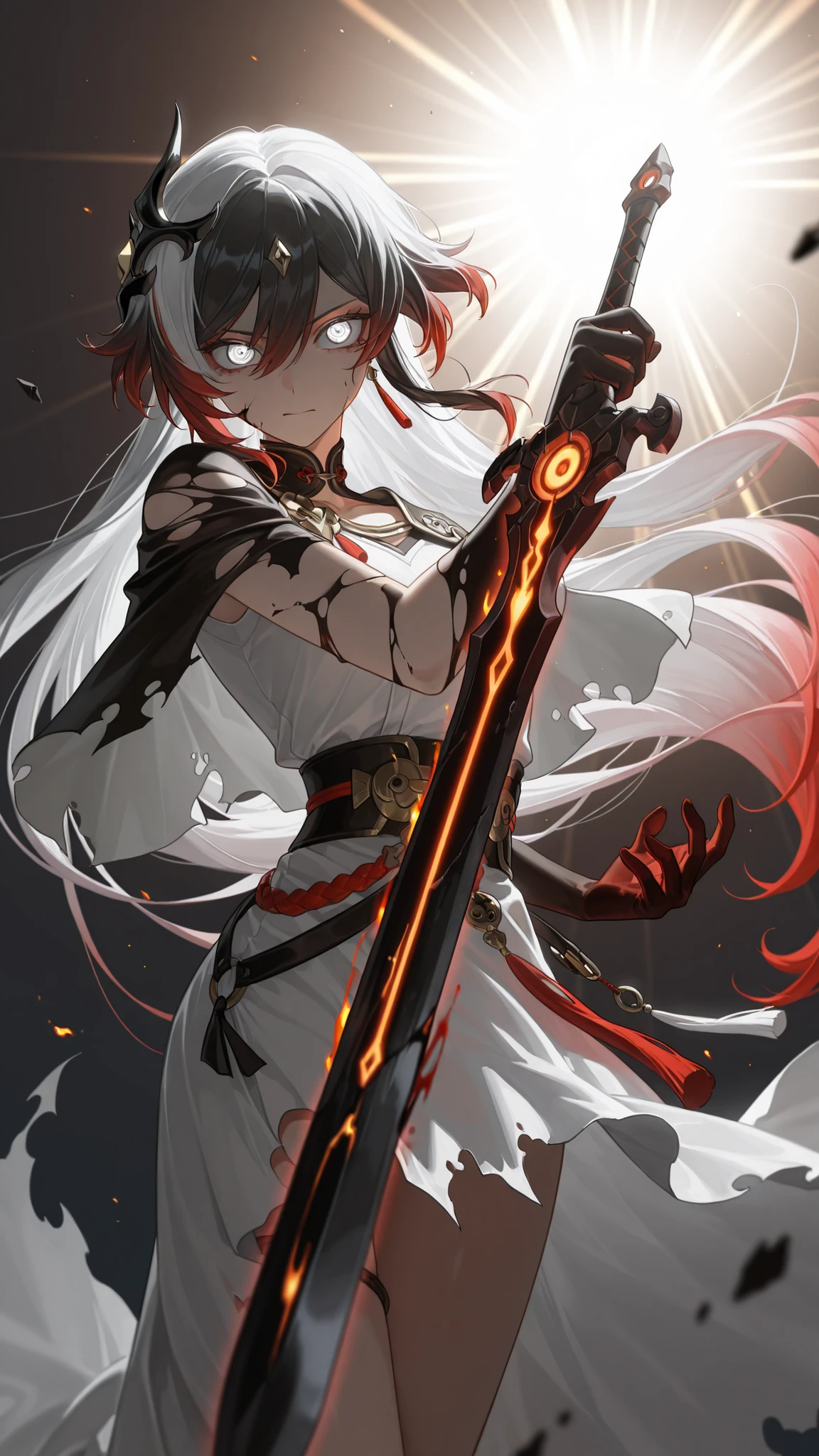 dynamic pose, masterpiece, dramatic lighting, deep lighting, god rays, best quality, amazing quality, very aesthetic, high resolution, ultra-detailed, absurdres, (hands:-0.33),
(1girl:0.33), solo, (quarter shot, close up shot:1.29), side shot, reverse grip sword, nauseating white glow, white aura, white slime claws,glowing sword, flame sword, black flames, blood flames, face focus, (FuHua, Fol005, Fh_Hos, fu hua:0.55), very long hair, multicolored hair, red hair, black hair, white hair, gradient hair, bloody hair, red aura, whirlwind, cosmic eyes, white eyes, gray eyes, dimensional eyes, carapace, torn dress, dress, broken cheongsam, capelet, broken cape, torn clothes, black blood, off-white accents, BREAK, depth of field, volumetric lighting