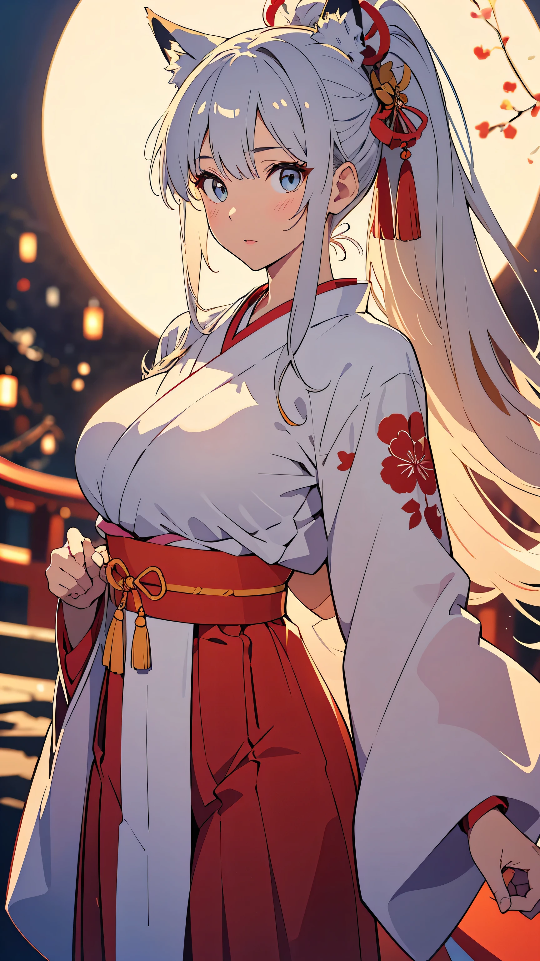 Erotic Anime Illustration、High resolution、A plump brown gal flattering a man at a banquet、beautiful eyes、Illyasviel von Einzbern、Ecstatic smile、Overwhelming huge breasts that go beyond common sense、thick legs with fat、perfect proportions、cowboy shot、Japan furisode kimono、knee socks