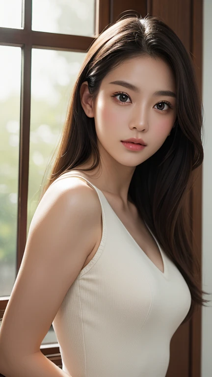 30-year-old woman,Hairstyle: Short brown hair,The skeleton is straight,A body with just the right amount of sex appeal,Japanese skin tone with brown eyes,She was wearing a white top that didn't reveal her cleavage and brown bottom pants.,The action is a person making a phone call on a smartphone.,Her chest is E cup,The place is a café