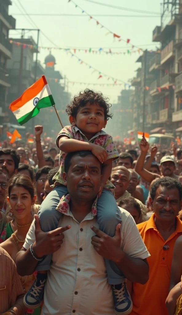 real 20-year-old boy joyfully celebrates Indian Independence Day. He is wearing traditional Indian outfts with the name "Jarjis" written on
his attire. Above him, in the sky, the words "Happy Independence Day" are displayed in a bold font. The backdrop is flled with people
celebrating, enhancing the festive and patriotic spirit of the day.
