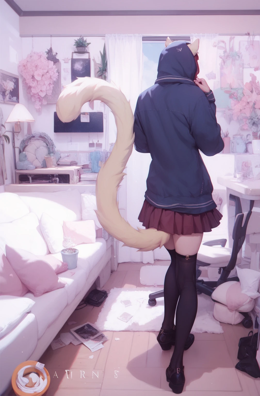 Illustration style, overhead view, dynamic angle, ultra-detailed, close-up shot of a girl with blue eyes, brown hair, and cat ears wearing a pink Miko outfit (1.4) and white stockings. She has bangs, an aura above or behind her head, and is looking at the viewer with a slight smile while showing her bare shoulders. The girl's hands are hidden behind her back while standing upright. She wears a cherry blossom hair accessory ([[0.55]::0.85]) and is surrounded by falling cherry blossoms, flowing water, a beautiful cherry blossom tree, and flying translucent blue butterflies (1.15). The scene is set near a shrine gate with ultra-detailed ruins in the background, an abysmal sea, and a dull blue world tree (1.14). The girl's delicate fingers and hands are emphasized with yubao (0.5). --auto