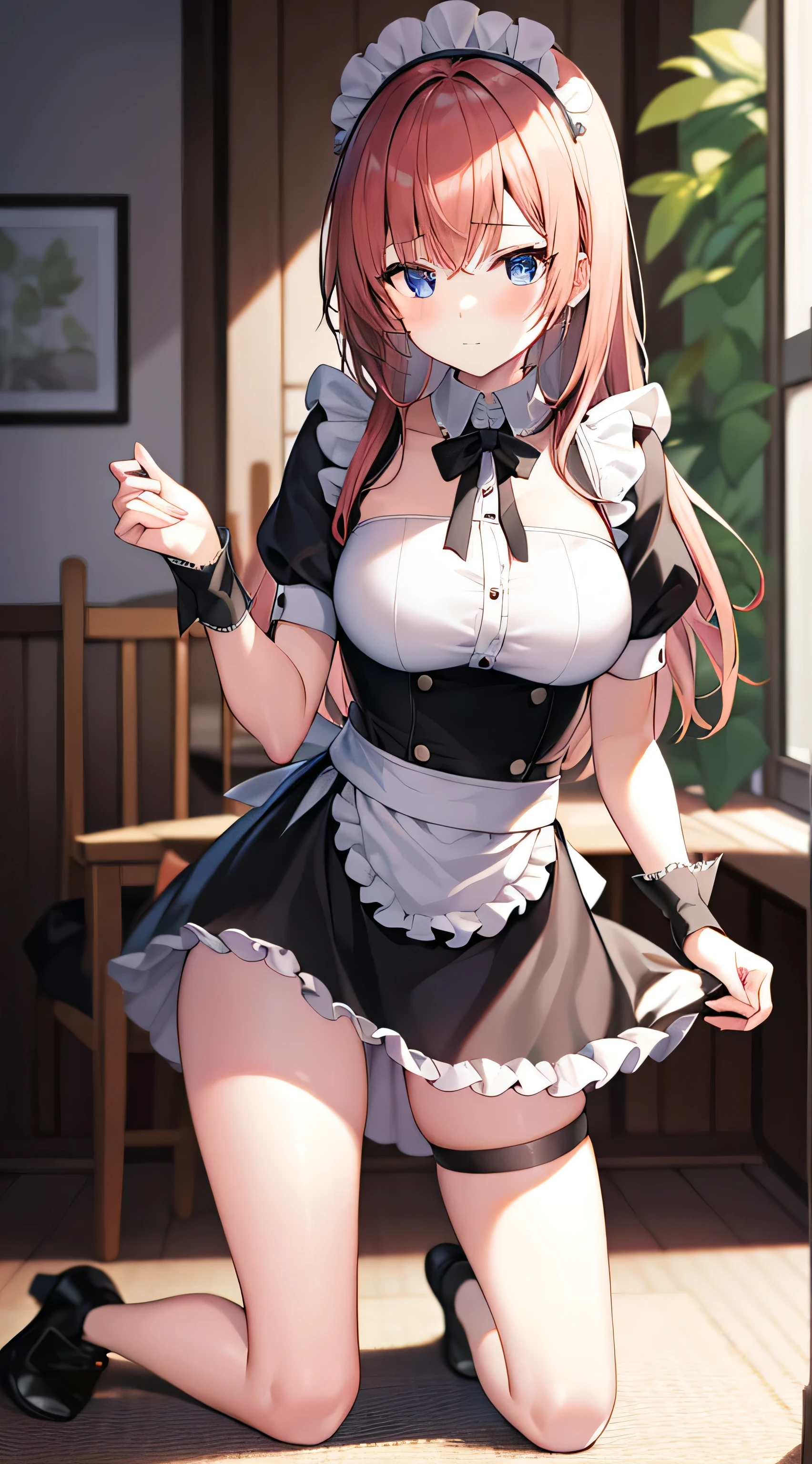 anime, beautiful face, highly detailed face, detailed perfect eyes, perfect hair, perfect lips, accurate arms, accurate hands, perfect legs, accurate footware. highly detailed background, front lighting, perfect lighting, full body, 1girl, solo, ruby hoshino, ruby, oshi no ko, heels, blonde hair, thighhighs, stockings, absurdres, high res, ultrasharp, 8K, masterpiece, looking at viewer, in a maid cafe, restaurant (sexy pose:1.1), (full body:1.5), maid, maid outfit, cute maid outfit, cleavage, stockings, full of delight, smiling full of compassion, blushed, cute gestures