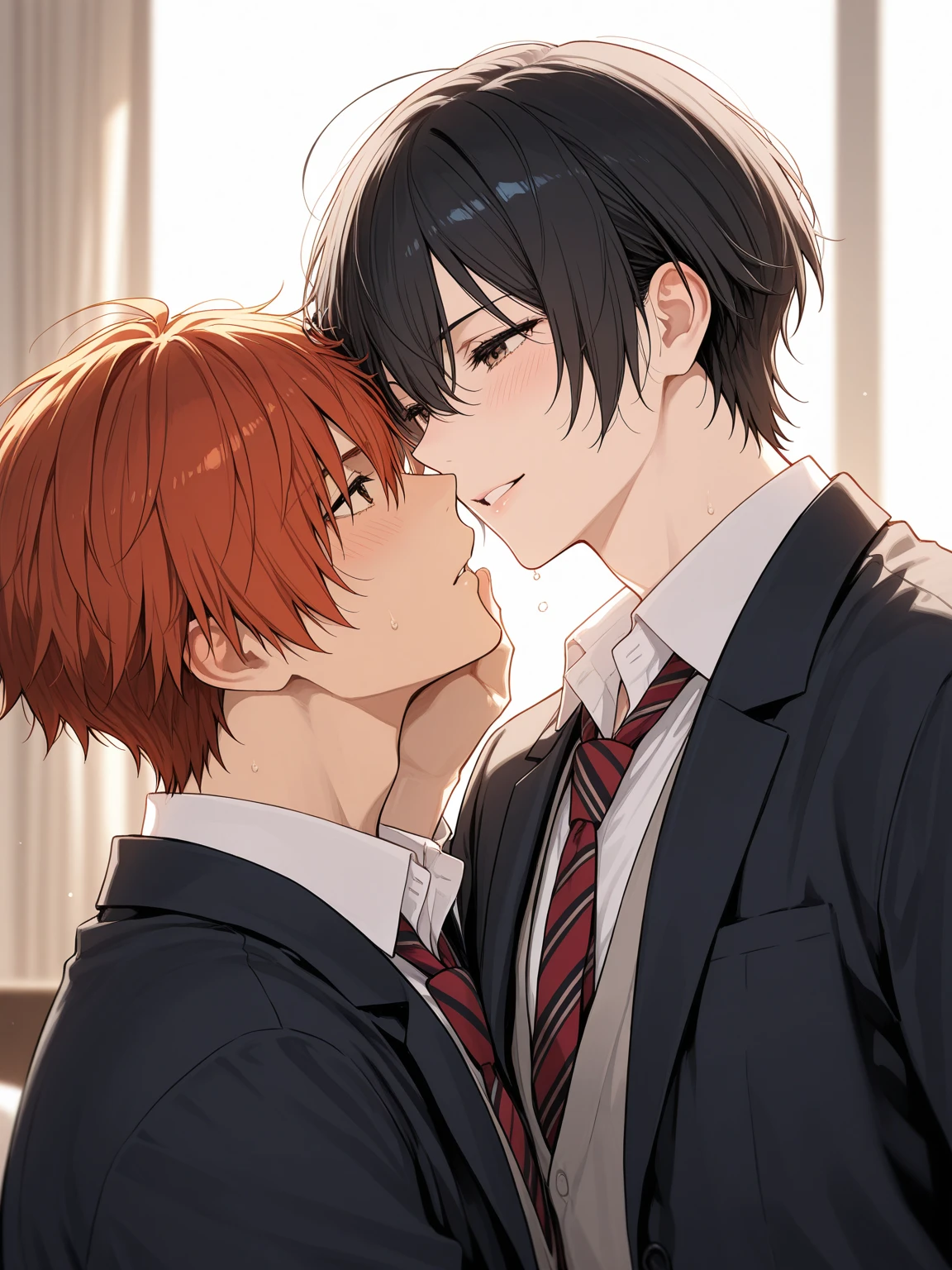 score_9, score_8_wonderful, score_7_wonderful, sauce_anime , STAR,Kirito, Male Focus,red hair and black hair,Part 1: , Red Blazer, Black trousers,doghouse,Red tie,Get on all fours and place your hands on the floor,Licking the penis,smile,Gay