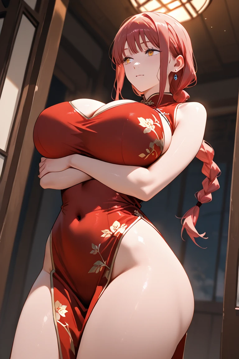 woman,Red hair,Twin tails,Angry face,blush,Big Breasts,Thick thighs,China dress,Sweaty,Cleavage 1.2
