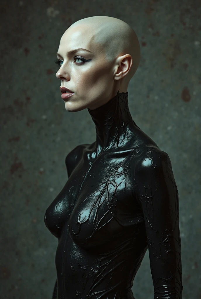 Slenderwoman, genderbent Slenderman, skinny, bald, pale, long lims, long fingers, small boobs, small butt, tight suit, pencil skirt