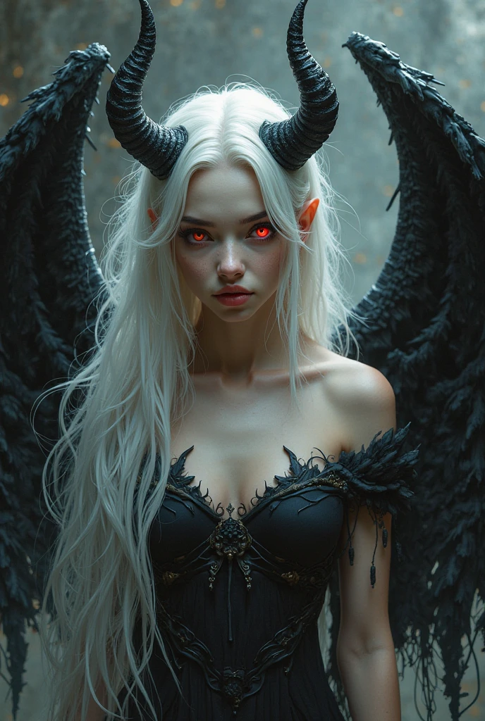 elegant beautiful woman, half angel half demon, full body, extremely detailed, delicate skin, sharply defined facial features, piercing eyes, sensual lips, long flowing hair, intricate angelic wings, horns, detailed intricate costume, dramatic lighting, dark moody atmosphere, chiaroscuro lighting, rich saturated colors, cinematic composition, photorealistic quality, (best quality,8k,8k,highres,masterpiece:1.2),ultra-detailed,(realistic,photorealistic,photo-realistic:1.37),porcelain skin,long eyelashes,sharp cheekbones,pale complexion,dramatic shadows and highlights,cinematic lighting,dramatic pose,powerful gaze,ethereal presence,dark fantasy,gothic,dramatic