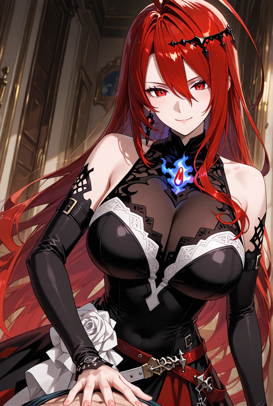 Blood-eyed Princess of Darkness, Redhead, Crown, Wicked Smile, Anime Style, Lens flare, High detail, First Person View, Cinema Lighting, masterpiece, Super detailed, Highest quality, 8K, Ultra-high resolution, Panty shot