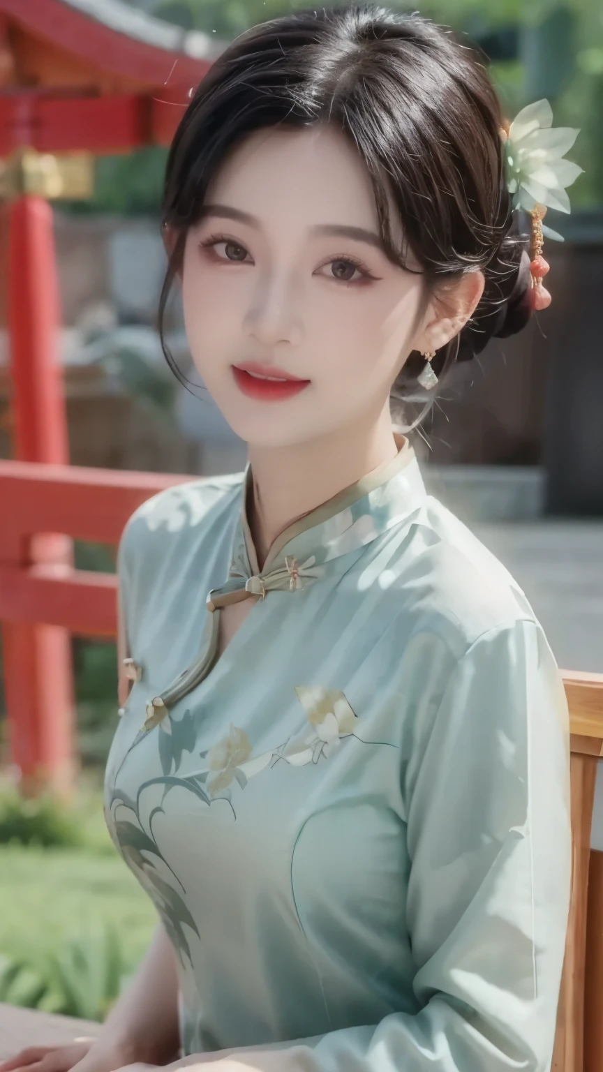 1 beautiful girl,best quality,(painting:1.5),big ,torii,,depth of field, detailed face ,facial focus,ribbon_trim,(watching the audience:1.25),Smile,Thick lips,Real People,cheongsam