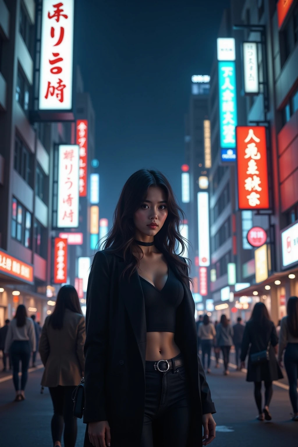 (8k, RAW photos, highest quality, masterpiece: 1.7). (Realistic, Photorealistic: 1.9). 1 girl. Japanese. Woman. Tokyo's cityscape. Night. Professional lighting. Photon mapping. Radio City. Big tits. See-through shirt. The tips of the are sticking out. Areola protruding. The shape of the pubic area is clearly visible. Gal. Lots of lashes. Pure black eyeshadow. Pitch black lip. Pitch black heels. Pubic hair. The lower abdomen bristles. Slender. The crotch is open. My are big and are about to spill out of my bra. Very much pubic hair. Pubic hair protrudes very much.