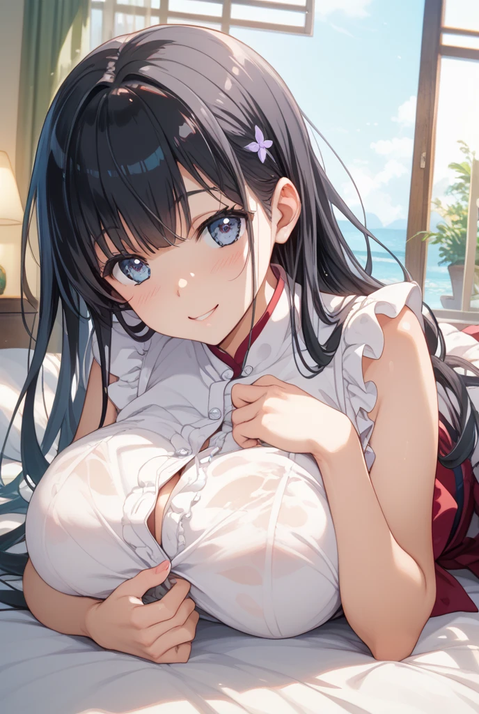 masterpiece, best quality, absurdres, 1girl, sex, cowgirl positon, girl on top, straddling, 1boy, hetero, nude (penis), pussy, vaginal, love hotel, dimly lit, (sweat), (blush:1.3), white kimono, red hakama one eye closed, huge breasts:10, ponytail hair, long hair, black hair, :d, loving smile, open mouth, happy