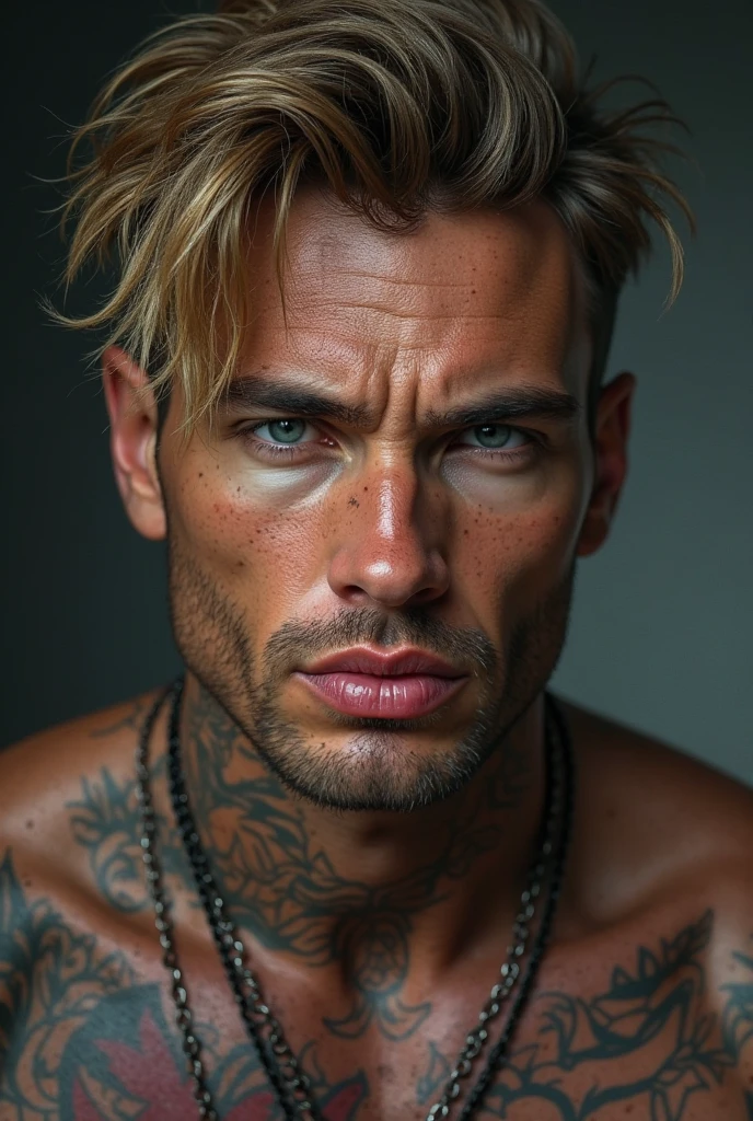 homen, 27 year old , shorth hair, honey color, acimetric face, thick lips, greeneyes, Cao Cao, Fort type spotted, various tattoos,
resembling actor Johnny Edlind