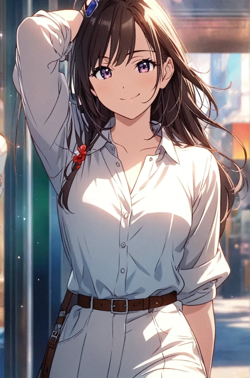 ((masutepiece, Best Quality, hight resolution, nffsw, Perfect Pixel, 4K, nffsw, nffsw))), 1girl in, Single, Solo, Beautie、full body seen、 ((Middle Wave Hair, Bangs, Brown hair)), ((Brown-eyed, Beautiful eyelashes, Realistic eyes)), ((Detailed face, Blushing:1.2)), ((Smooth texture:0.75, Realistic texture:0.65, Photorealistic:1.1, Anime CG style)), medium breasts, Dynamic Angle, Perfect body, White tennis wear, White short sleeve collar shirt、White pleated skirt,breasts looking、(no-bra、Puffy nipple)、、 tennis coat、during daytime、all-fours、Looks Back、Transverse breasts))))、Very embarrassing panic smile、(Pink floral lace panties)、