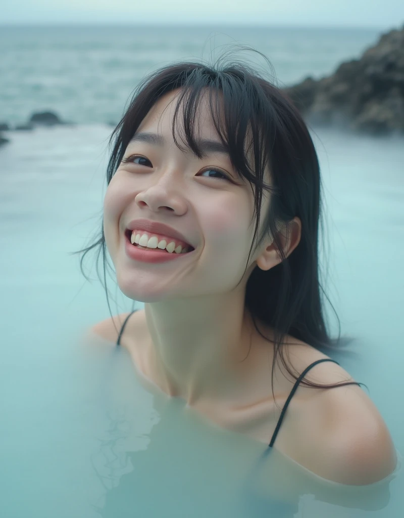 close up of cute woman (ticker) bathing in the river, already, (Backlight), realistic, masterpiece, highest quality,woman with open mouth and closed eyes , skin shining with sweat、Illumination that emphasizes shiny sweat{{{spread }}}, black hair、NSFW,{{{{Crowd of male onlookers}}}},(elongated nostrils)、lighting from below、grimacing expression