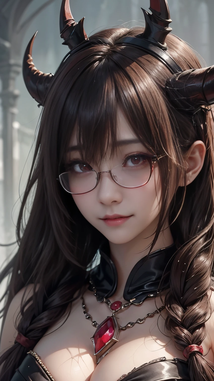 background(Black Night Sky,Big Moon),Woman close up,Wearing a white shirt、Purple Hair,Very long hair,very thick braids,Purple eyes,big 、((((Glasses))))、realistic girl rendering, 8k artistic german bokeh, Enchanting girl, Realistic girl, Gurwitz, Gurwitz-style artwork, Girl Roleplay, Realistic 3D style, cgstation Popular Topics,, 8K Portrait Rendering,(truth,truth:1.4),Wear pink pajamas,巨big ,Sparkling eyes,Purple eyes、(highest quality,4K,8k,High resolution,masterpiece:1.2),Very detailed,(Realistic,photoRealistic,photo-Realistic:1.37),Mythical monster,Beast-like creature,Muscular,Six big legs,Stand like a gorilla,Red fur covering the body,two big horns,Drill teeth,Sharp Claws,Huge shape,Burning Fire Magic,Energy aura,A threatening presence,Glowing Eyes,Intimidating posture,dark environment,Smoke-filled air,Ominous Shadow,Majestic and fierce,Explosive power,Vibrant colors,bold,Horror art style,Moving configuration,Dramatic lighting,Rib Layer,large sharp teeth,Sharp Edges,Very detailedスケール,Burning Crack,Burning Flames,Furious look,Burning with anger,Surrounded by sparks and embers), Scared, dark, spooky, Underwater mist liquid swirling cavity, highest quality, Front view, Satanic, 18 year old asian girl、Liu Wen, Shaved eyebrows, With big black ram horn, , A large snake with slimy tentacles wrapped around its shoulders. Moody and dramatic lighting, Lang Yun, storm, lightning, Smoke and Fog Environment, Fuzzy smoke background, Wide-angle shot, Wide-angle shot, elevation, Extreme angle shot, Vignette, Unrealistic Nightmare,