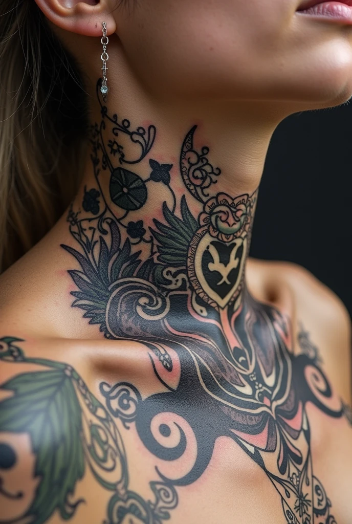 (RAW photo, best quality), (realistic, photo-realistic:1.3),best quality,highly detailed,masterpiece,ultra-detailed,illustration, 1 woman with phoenix tattoo on body, lotus tattoo, sfw:1.5, lace armor, half_body, flower lace bra, breasts