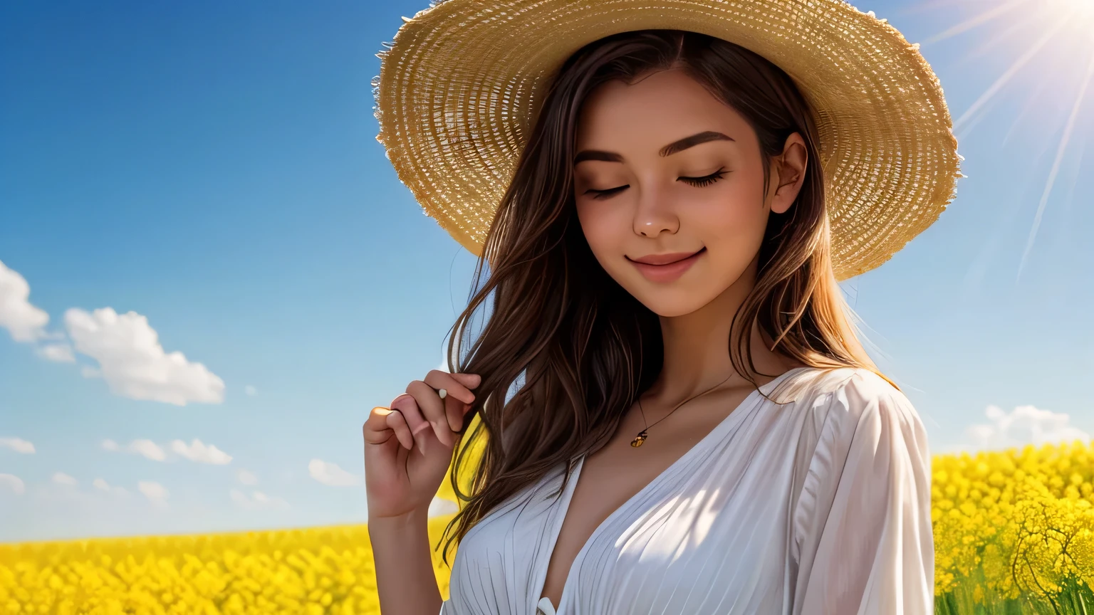 A cute 20-year-old Caucasian woman stands in a blooming rapeseed (canola) field under a clear blue sky. She has medium-length light brown wavy hair and is wearing a natural straw hat, which she gently holds with her right hand. Her eyes are closed, and she smiles softly, wearing a white blouse that adds to her clean, youthful look. Sunlight bathes her face warmly, enhancing the serene and joyful mood. The composition is close-up (from the waist up) in a 16:9 aspect ratio. The entire image has a photorealistic, soft, peaceful, and stylish feel.