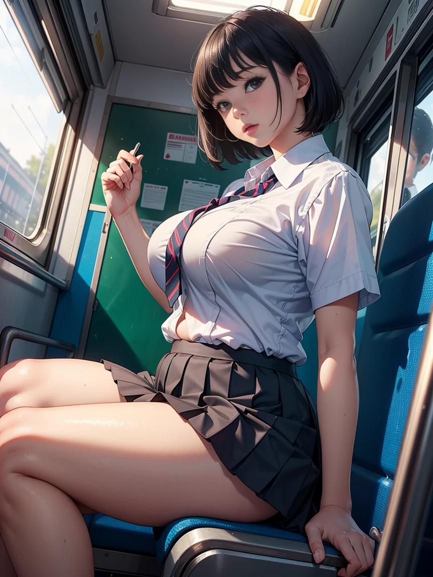 masutepiece、masterpiece、top-quality、ultra-detailliert、hight resolution、hight resolution、8K Portrait、Unity 8k壁紙のhigh-detailCG、Unity 8k壁纸、Cute little:1.5、Lori:1.5、Highly detailed CG Unity 8k wallpaper、逼真、realperson、Cute little、 Portrait photos、shinny skin、high-detail、(sixteen years old:1.2)、(1人)、Beautiful clear eyes、Ultra-fine depiction、delicated face、Lovely lips、skinny body、Big breasts thin waist、Thin leg、(On the train:1.6)、
1girl in, Cute, Perfect face, Seriously, (blush:1.5),((There are a lot of people nearby:1.4))
Big breasts,((School Uniforms:1.2)),(((Clothes lift:1.5))), (((Nipples))), Detailed description vagina,Show vagina,Spread legs,Spread ,((cum in vaginas:1.5))