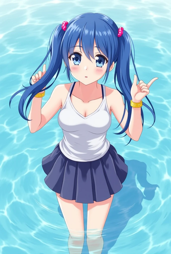 Peeing self, Have to pee, Anime, looking at camera, embarrassed, blush, peeing, yellow pee, tears, crying, out of breath, sweating, blue eyes, cyan hair, one girl, Eirika fe, white skirt, a spot of yellow urine in the pool, а spot of yellow urine in the pool water, yellow urine flows from the perineum