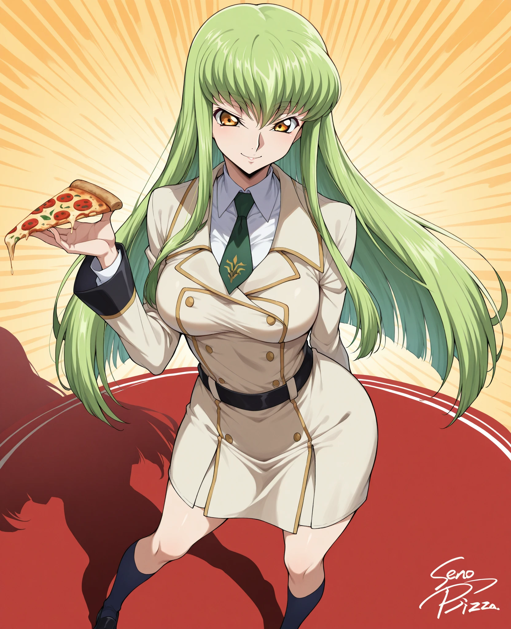 <lora:TsumasakyCCCodeGeass_v1:0.8>, c.c., wavy hair, masterpiece, code geass, very long hair, white bodysuit with long sleeves, eating pizza, holding pizza, pizza slice, pizza box, on floor, seductive smile, pizza hut,