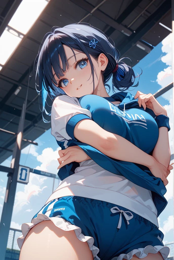 hair_ponytail ribbon,Black hair, eyes blue, long hair, smile , Yukinoshita Yukino,
BREAK (white shirt and blue skirt and a polka dot:1.2)
BREAK spread legs, ((from below)), arms behind head, BREAK background will depict a Fitness training room
BREAK (masterpiece:1.2), best quality, high resolution, unity 8k wallpaper, (illustration:0.8), (beautiful detailed eyes:1.6), extremely detailed face, perfect lighting, extremely detailed CG, (perfect hands, perfect anatomy),