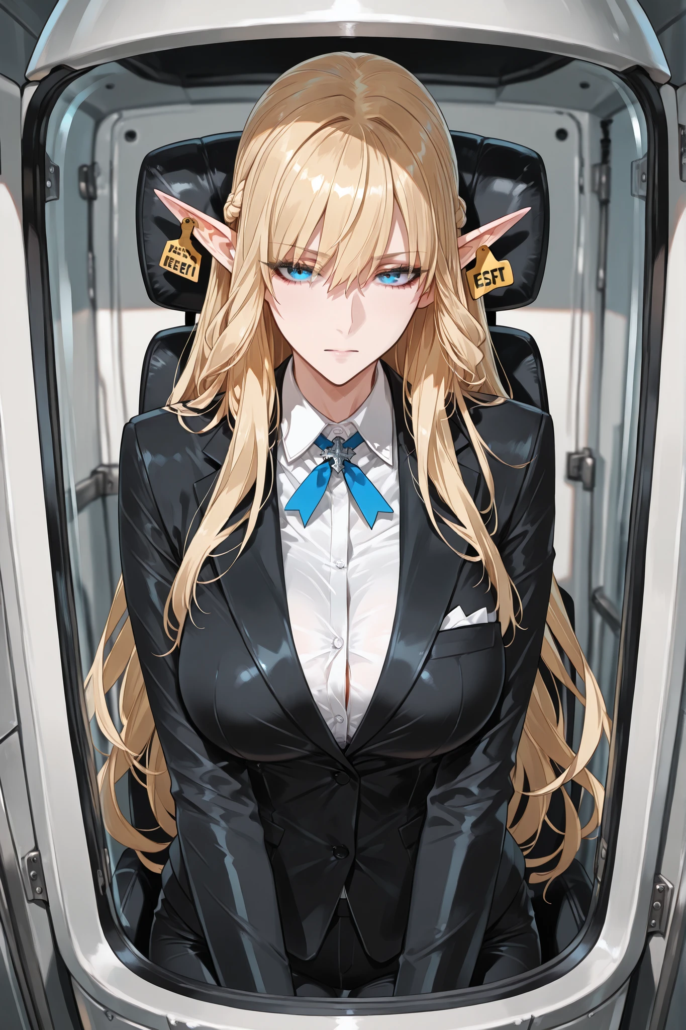 masterpiece, best quality, solo, long hair, european, elf, perfect eyes, medium breast, (((ear tag))), suit, in escape pod, masterpiece, best quality, amazing quality, very aesthetic, absurdres, newest, highly detailed, high-resolution