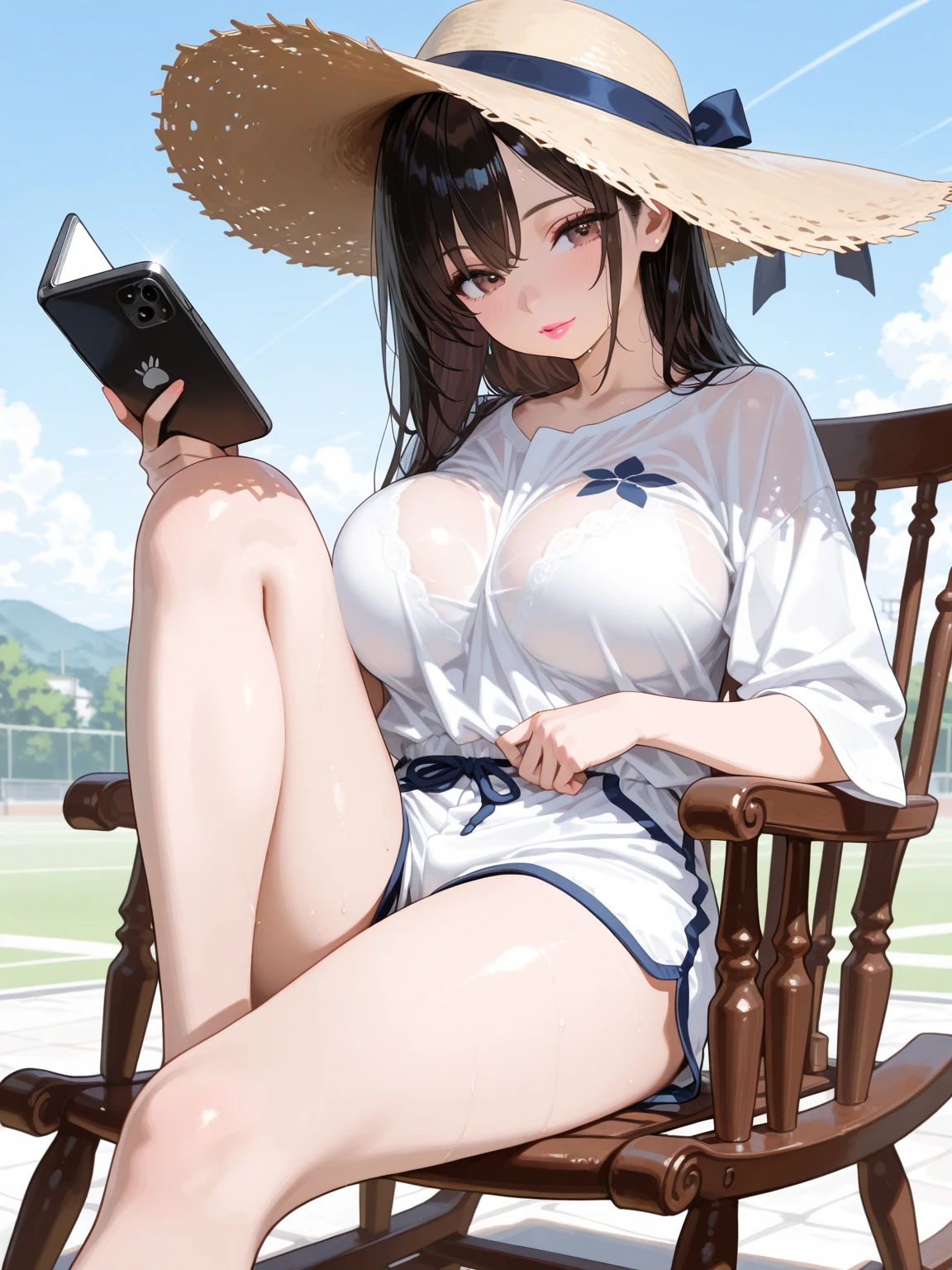 girl,(Angle from below),Long T-shirt,((putting sunglasses on your head)),(bite an apple),(hat with brim),((sitting cross-legged)),close up of face,