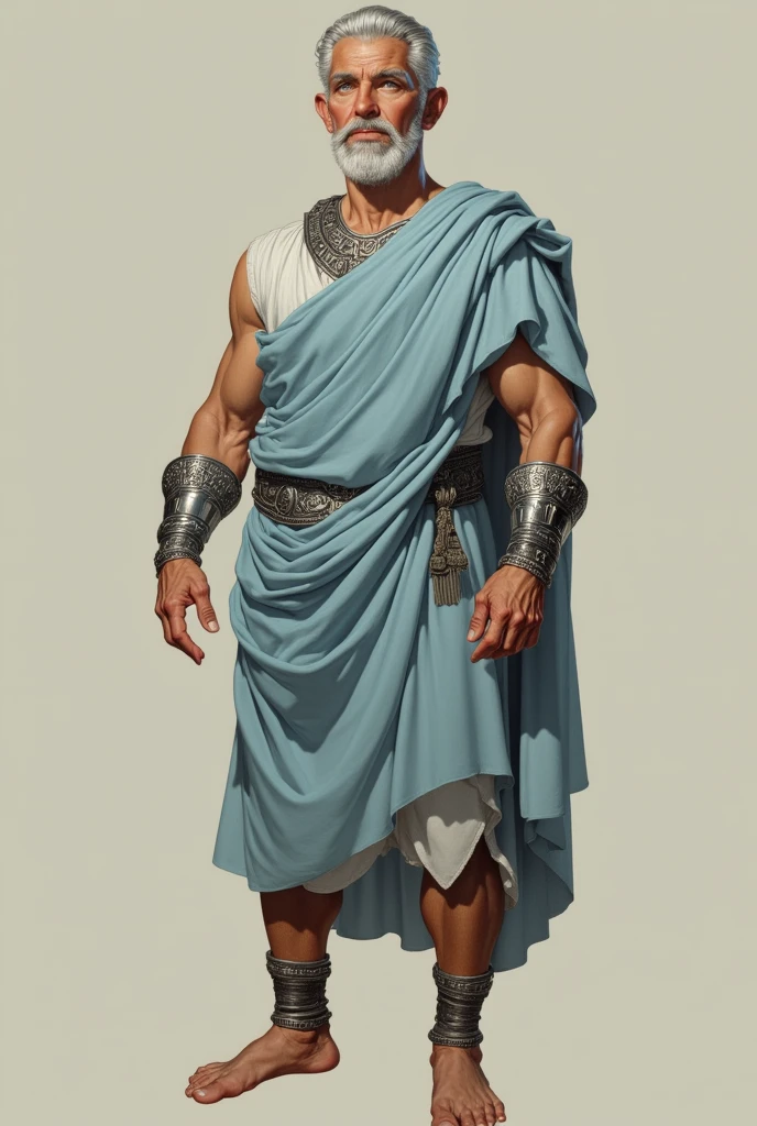 (masterpiece), ultra detailed, 3 views, character view (Front view, side view , back view), (detailed character sheet) , reference sketch of a god of war, God of Greek mythology, His physical appearance is often portrayed as having a strong and muscular build., 25 years, Brown hair, ((chest hair++)) Wearing traditional Greek white clothing, like a loose tunic or chiton, Ultra-realistic, crisp, intricate details, intricate details, and style, Simple background illustration.