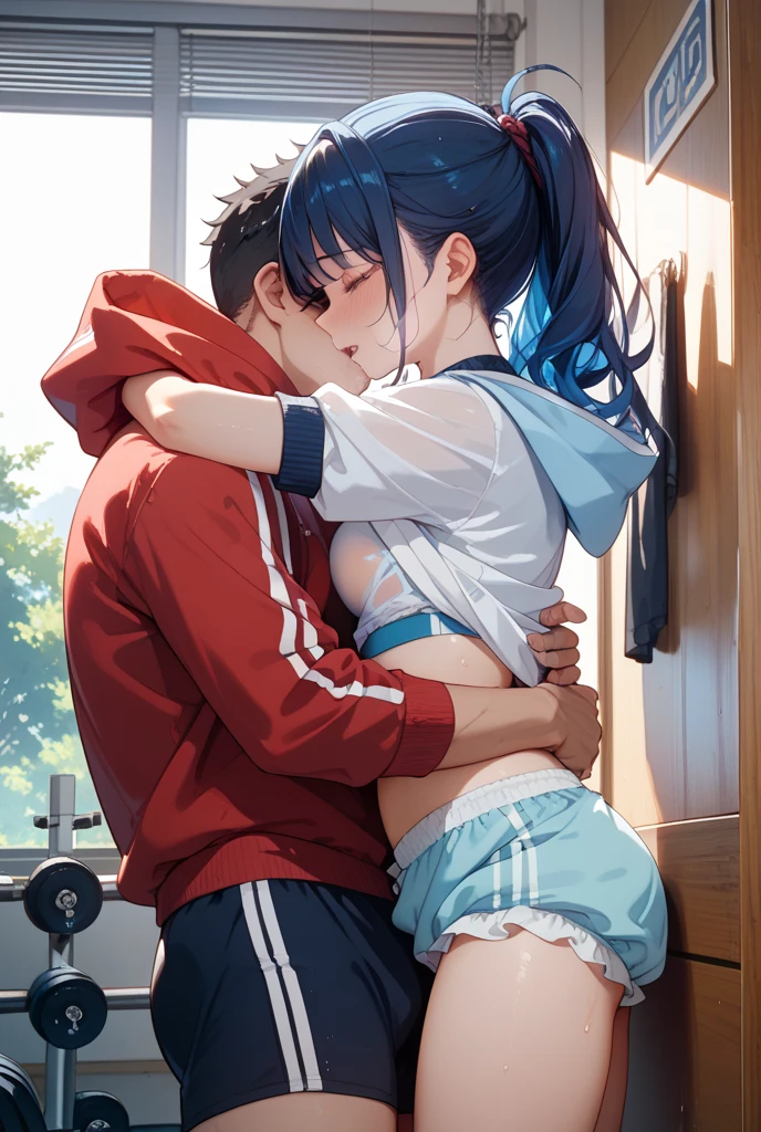 Amazing portrait of a young woman wearing white and orange striped t shirt and orange shorts and young boy wearing a navy blue t shirt and black shorts sitting on a bed together and kissing and making out passionately in a sexy and hot and lustful setting