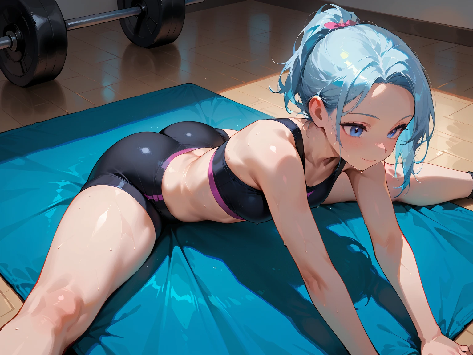 1 woman, ((Erotic:1.4)),(nsfw:1.3), ((sports bra 1.2)), (expose your chest), pov, struggling:1.2, (look at me), (woman), (milf:1.2), (30 years), (wrinkles:0.3), (work out clothes), ((undercut blue hair)), ((blue hair)), amateur, (big nose), adult lady, mature lady, adult, mature, ((Busty)), ((dark eyes)), (choker), ((Blue Hair)), ((undercut Hair)), fair skin, pale skin, (centered), (yoga), yoga struggle, sweaty, blushing, submission