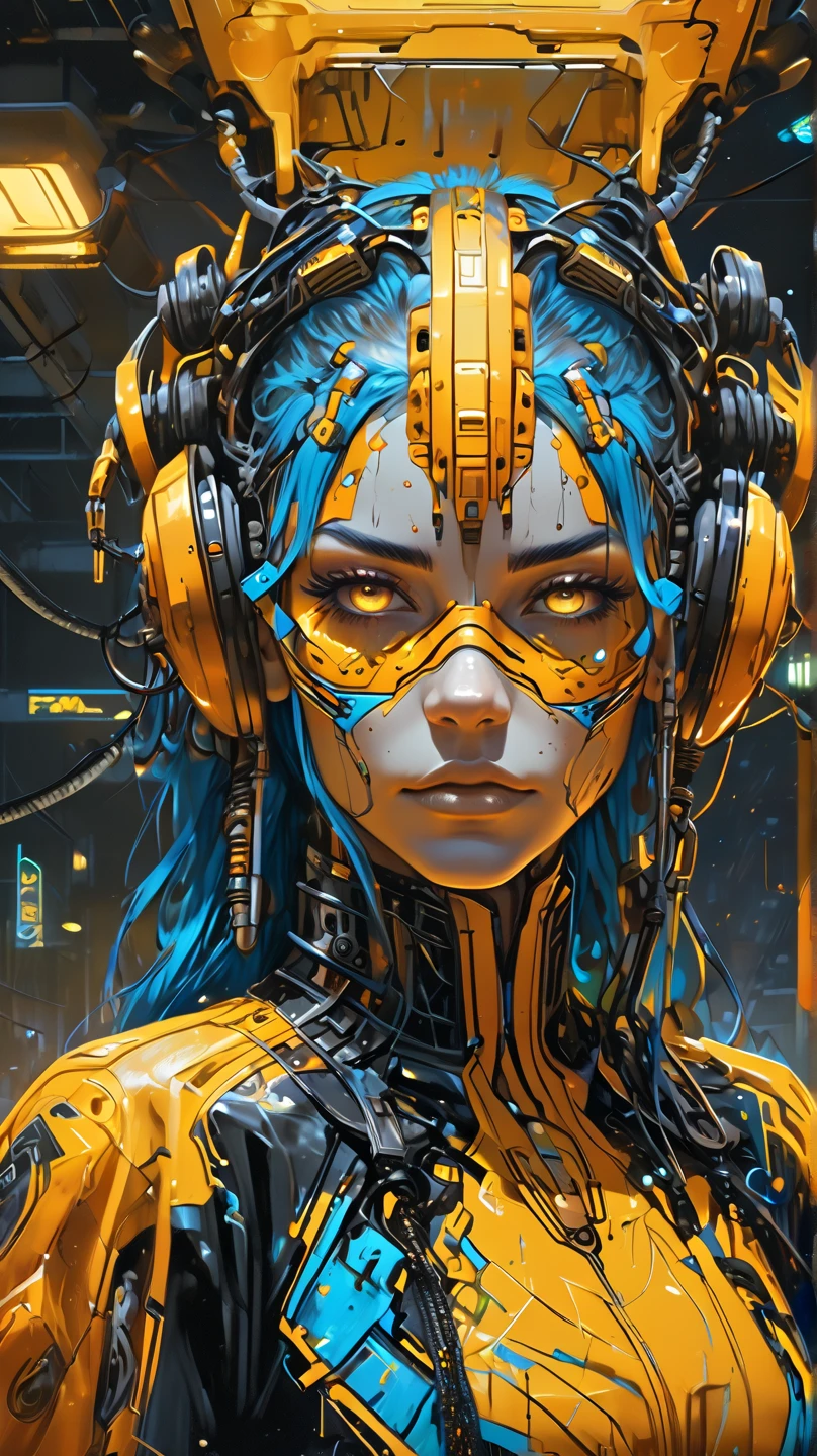 Cyberpunk Excellent quality, (Colored Sketch, Ultra Detailed Painting, Masterpiece, Vivid Colors), obra-prima, Melhor Qualidade, 1 menina de cabelos brancos curto e raspado, Solitário, (Top curto laranja :1.4) , (Calças de ganga Preto+amarelo :1.4) , colar, (grafite:1.4 ), respingos de tinta, Coloque suas mãos atrás das costas, contra a parede, Observando a plateia, braçadeira, Alças da coxa, pintura corporal, inclinação da cabeça, tedioso, cabelo colorido, (olhos azuis:1.4) , fone de ouvido,( rosto detalhado :1.4), (cores brilhantes cyberpunk) 