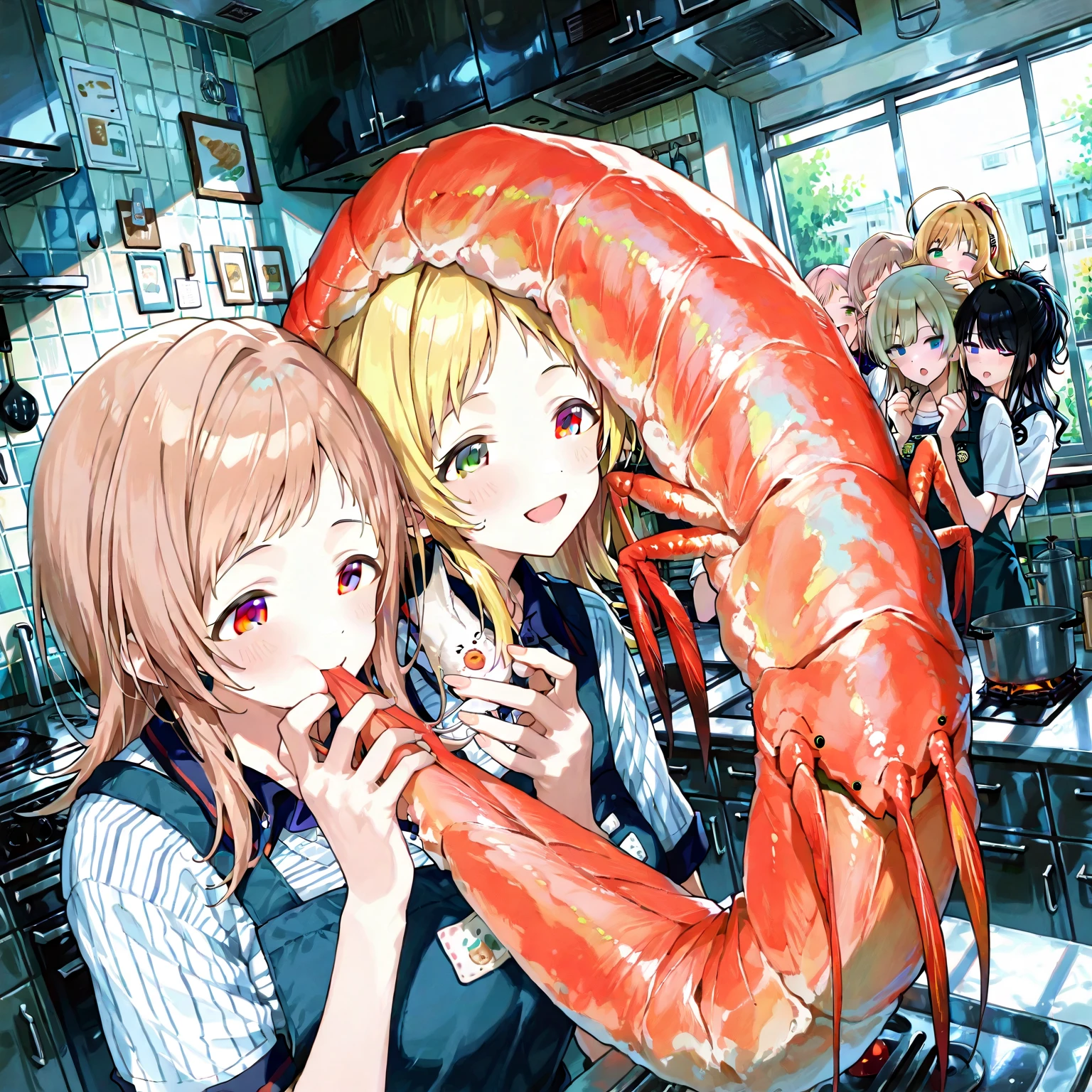 (Unsanitary and dirty fishing port, Seafood market in tourist area), ((3 or more beautiful women)), ((Full nudity)), A vibrant seafood market, smile, Beautiful Skin, Nipples