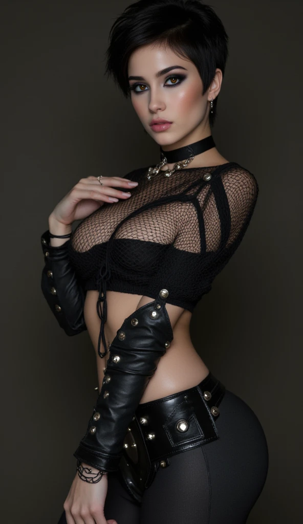 RAW, Nikon Z, award-winning glamour photography, full body shot, close up, ((best quality)), ((masterpiece)), ((realistic)), skin pores, subsurface scattering, radiant light rays, high resolution, detailed facial features, high detail, sharp, smooth, aesthetic, extremely detailed focus, (extremely detailed eyes, extremely detailed iris), extremely detailed hair, extremely detailed skin, extremely detailed clothing, octane rendering, photorealistic, realistic, post-processing, maximum detail, realistic shadows, roughness, natural skin texture, real life, ultra-realistic, photorealism, photography, 8k UHD, photography, HDR, intricate, elegant, highly detailed, sharp focus, stunning, beautiful, beautiful), (masterpiece: 1.2), (best quality: 1.2), perfect eyes, perfect face, volumetric lighting, 1girl, young woman, 30 years old, punk, mohawk, shredded clothes, tattoos, slim figure, small bust, blonde hair, blue eyes, fingerless gloves, t-shirt, leather pants,intense eyes, seductive expression, kneeling with spread legs, (erotic atmosphere:1.3), wears luxury lingerie, (seductive pose:1.2), (techno ambient:1.2), (erotic tension:1.4), realism, dominatrix, femdom, bdsm, mistress, fetish, top model, photorealistic
