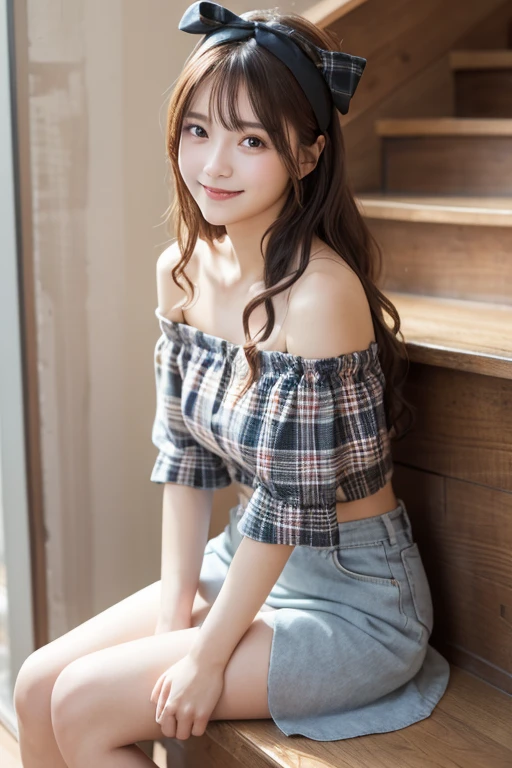 young girl of 15 years, long haired redhead with blue eyes, Short white off-the-shoulder shirt, bright blue short jean shorts, serious look, sitting, SMILE, smiling, short brown boots with white