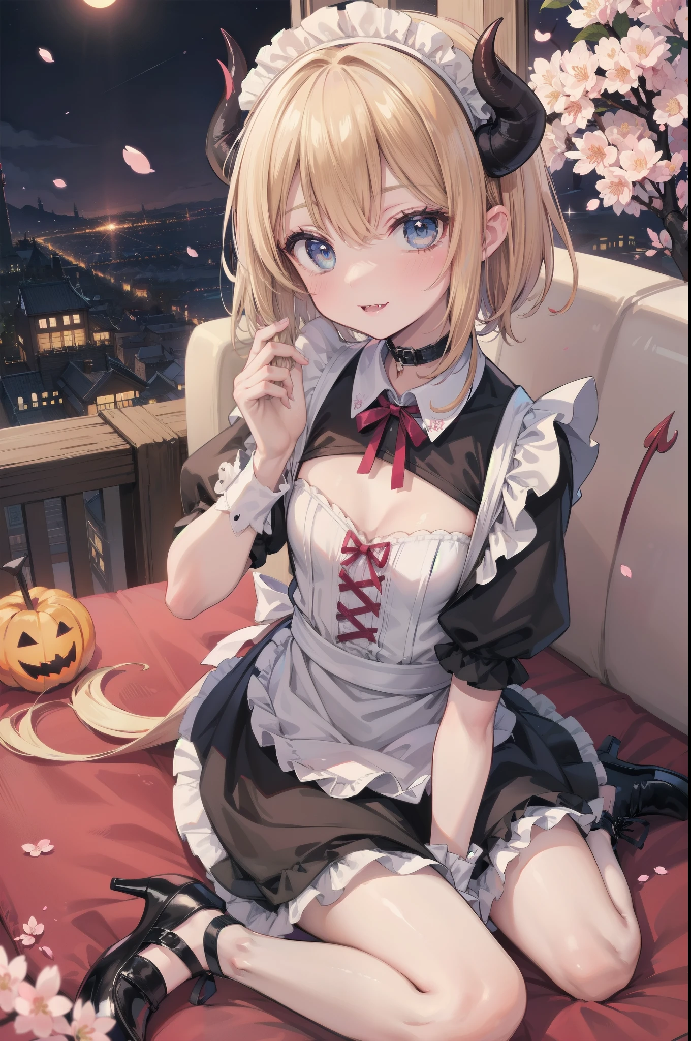 Gently stare, by krenz Cassiato , Asuka, is sitting, Asuka, anime styleイラスト, official art, High Quality Anime-Style Art, high resolution, anime style, (Cherry Blossom Little Devil Maid:1.4),
Playful yet elegant maid mini dress in deep pink and white,
with heart-shaped chest cutout and tiny black lace details along hem,
Small glossy black horns decorated with tiny sakura flowers, matching forked tail with pink satin bow,
Black ribbon choker with sakura charm,
and lace-up heels with sakura petals caught in ribbons,
blending mischievous allure with springtime charm,
BREAK
(face close-up:1.4), (NSFW:1.0), ( blond and blue eyed), head accessory, (flat chest:0.7), (Inside the Demon Castle at Spooky Midnight:1.4), ( Shade:1.4),
