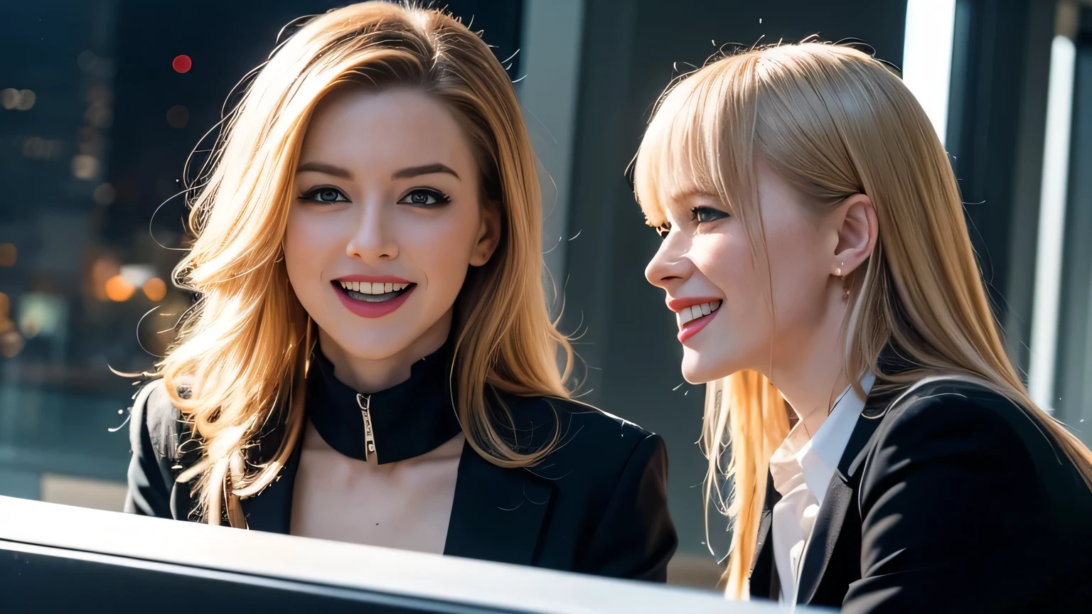 so that the face fits in the frame,head fits in frame,So that the hair fits in the frame, An office with a large floor in a European skyscraper in the background, business style ,upper body shot of 2 beautiful 18-year-old beautiful white women with blue eyes and platinum blond hair running apart, business style (long-sleeved high neck shirt and blazer),small breasts,The collar closes to the neck,gentle smile,white twin beauty half model with platinum blond hair,The large exhibition floor of a,Operating a keyboard,opens her mouth and laughs,(lip gloss, long lashes, Shiny surface, about), (eyeshadow), (Pointy Nose),(sharp chin),real skin,UHD,8k,high quality,high resolution,rich in detail,Studio Lighting,very detailed VFX portrait,Highest Quality,celebration, 😊😳😊,rule of thirds