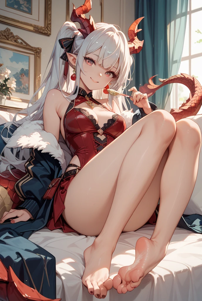 loong,1girl,solo,horns,thighhighs,sitting,long hair,braid,pointy ears,white hair,food,dragon girl,dragon horns,white thighhighs,<lora:é¾å¥³:0.8>,((cute face:1.1)),