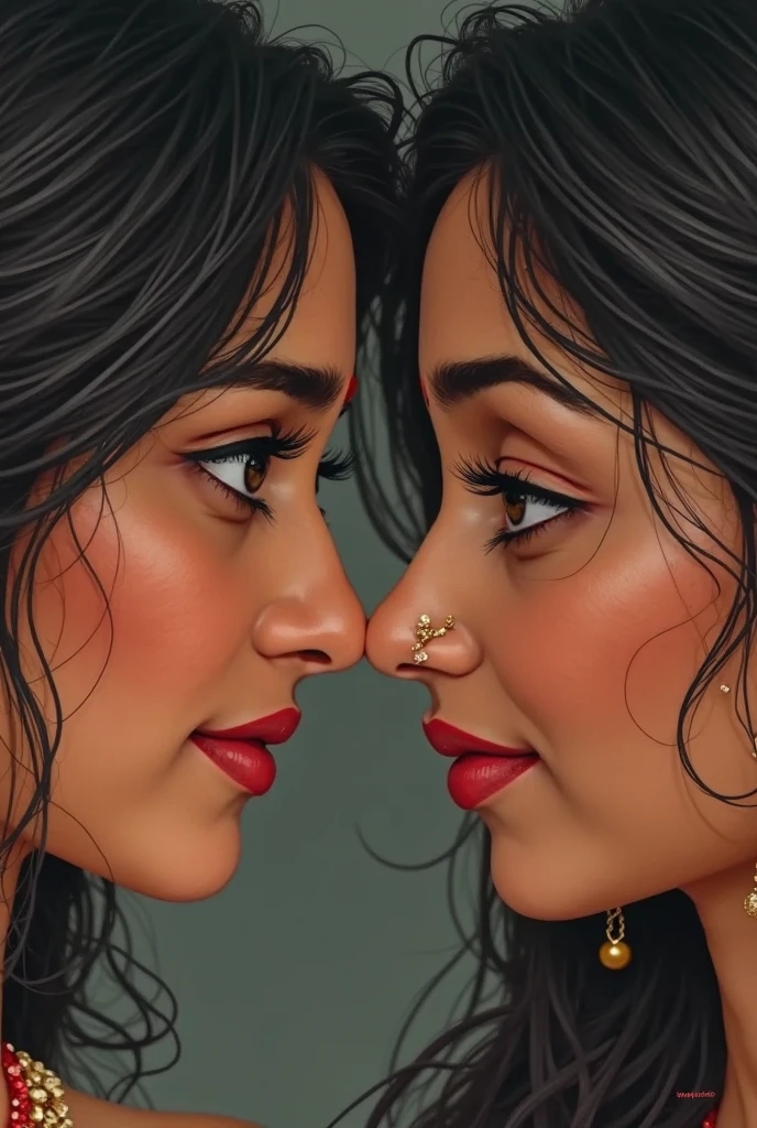 In the road, two eldery indain ladies in sarees,kissing,their straight bottom curl bob length hair made in to scalp curl slick multiple small small ponytails are 10 liters of oil poured over their hairs making slick shinning like mirrors,tongues are highly visible,Hairs strictly as per image,Stricly as per the image,