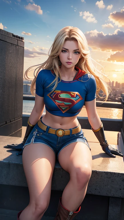 The character Supergirl, extremely beautiful face, perfect red and blue costume, traditional "S" on the back, denim style, extremely beautiful blue eyes, perfect blond hair, smooth curves, perfect hands and fingers 