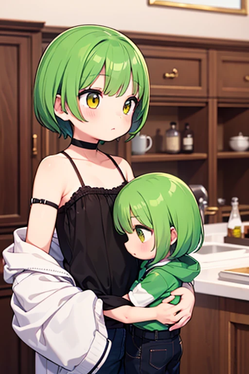 jujutsu kaisen, maki zenin, 17 years girl, tall athletic build, long dark green hair tied into a short ponytail, black tank top, holding a 4 years child brother, in the park