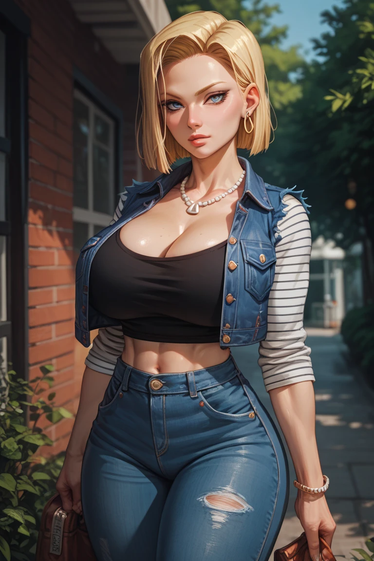 (masterpiece, best quality), 1girl, android 18, blonde hair, blue eyes, eyelashes, hoop earrings, short hair, earrings belt, black legwear, black shirt, large breasts, huge breasts, massive tits, cleavage, collarbone, denim, denim skirt, high-waist skirt, jewelry, long sleeves, pocket, shirt, shirt tucked in, skirt, striped, striped sleeves, waistcoat,