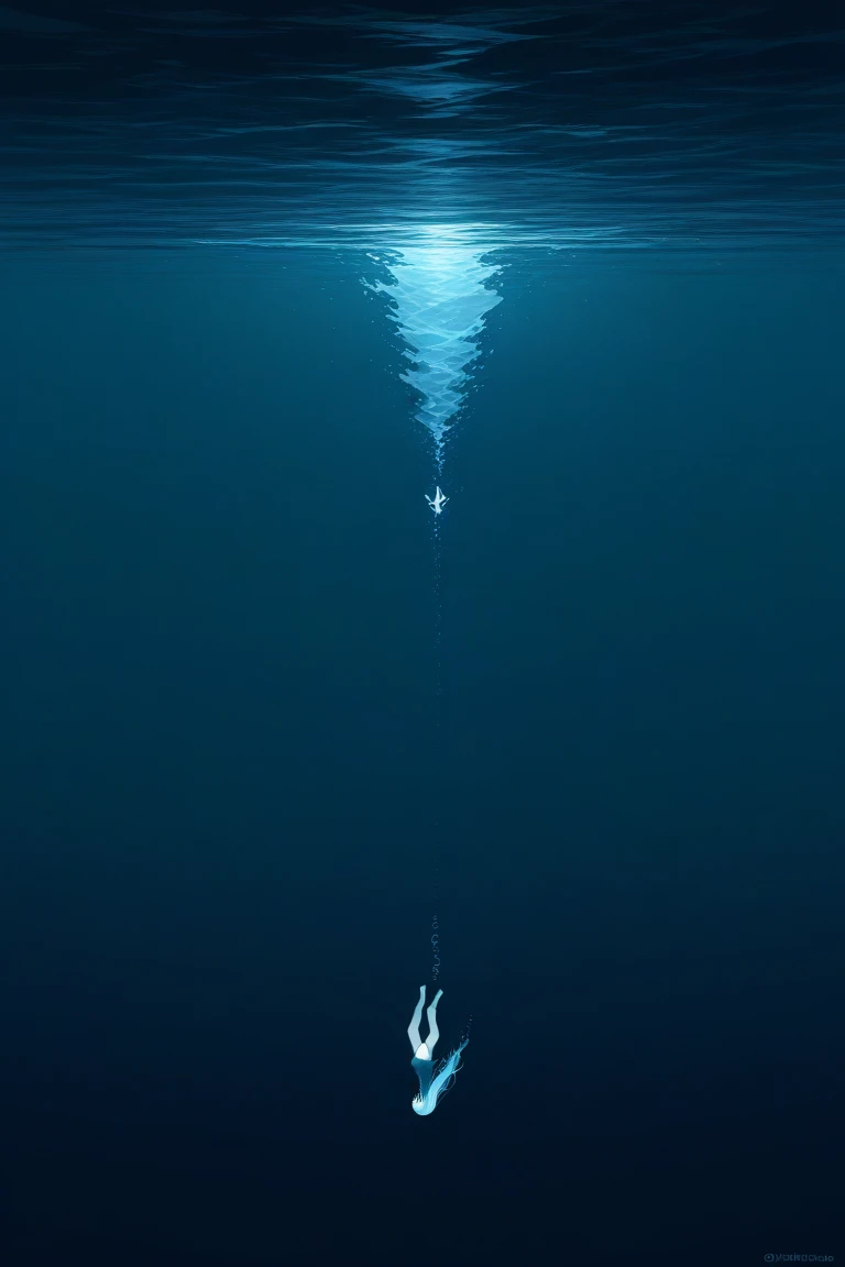 a painting of a glowing person sinking in the dark sea
