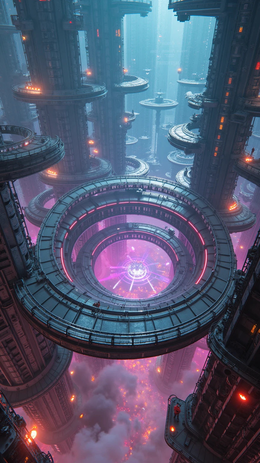 futuristic cyberpunk urban nexus scene at night featuring a colossal circular city core surrounded by concentric megastructure rings with radial neon-lit corridors and sky bridges. Architectural details include interlocking hexagonal platforms, mirrored glass spires, retractable antenna arrays and circuit-etched floor tiles. Braided conduit cables snake along reinforced steel girders. Transparent elevator shafts spiral into lower tiers, revealing illuminated chambers. Microprobe docking stations intermittently vent steam. Low-lying mist swirls around scaffolded catwalks and wet metal surfaces. Glitching holographic advertisement projections overlay digital billboards. Autonomous drones and anti-gravity transport pods traverse glowing magenta and cyan aerial lanes. Medium: digital painting, hyper-realistic 3D render, artstation concept art quality, Unreal Engine level detail. Style: cinematic photorealistic neon-noir with high dynamic range, ultra-detailed textures, volumetric light scattering and dynamic bloom. Composition: overhead top-down perspective centered on a radiant core, panoramic aspect ratio 16:9, radial symmetry with foreground framing of structural beams and partial alloy railing with neon infill panels, layered depth through receding architectural rings and open skylight portals. Lighting: multiplex neon tubes casting soft diffused ambient glow and sharp specular highlights, volumetric shafts of light piercing haze, dynamic lens flares and subtle bloom around emission sources. Color Palette: dominant electric cyan, vibrant magenta, deep indigo and rich violet shadows, accented by warm amber glows from interior windows and neon filament edges. Mood/Atmosphere: immersive vertiginous ambience evoking awe, tension and kinetic futuristic energy, sense of infinite scale and perpetual motion. Technical Specs: SD Flux variant: flux-v1
