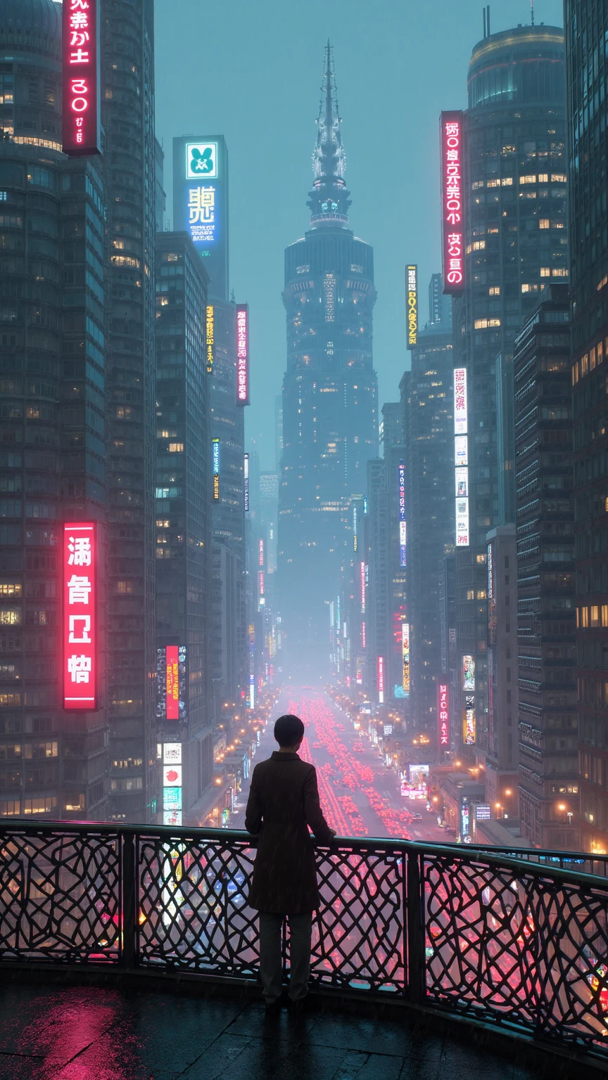 futuristic cyberpunk cityscape at night featuring densely arranged high-rise skyscrapers with mirrored and tinted glass facades and elaborate art deco spires. Additional architectural details include reflective window panes with internal lighting, visible structural vents and panel lines, network of illuminated skywalks connecting adjacent towers. Neon signage in English, Japanese and Chinese characters flickering asynchronously, holographic billboards projecting 3d advertisements. flying vehicles and autonomous drones leaving multicolored light trails above broad avenues. Mist-laden air with low-lying fog and intermittent rain creating reflective puddles on balcony floor, raindrops on metal railing, tempered glass panels. Street-level glimpses reveal neon-lit storefronts and wet asphalt reflecting colored lights. Foreground steel handrail with geometric cutouts and LED strips. digital painting, 3d render, artstation concept art quality, ultra-high detail. cinematic photorealistic neon noir style with high dynamic range and volumetric light scattering. composition: wide-angle third-person perspective from elevated balcony viewpoint, foreground railing framing midground urban sprawl, receding layered skyline and central vanishing point, panoramic aspect ratio 16:9. lighting: multiple neon light sources casting soft diffused ambient glow and sharp rim highlights, bloom effect and volumetric light rays through mist, flickering neon pulses. color palette: dominant neon magenta and electric cyan hues, deep indigo shadows, vibrant teal gradients and warm amber highlights from streetlights. mood and atmosphere: immersive moody futuristic ambience evoking contemplative solitude and introspection amidst vibrant cyberpunk metropolis, sense of vast scale and depth. technical specs: sd flux variant: flux-v1
