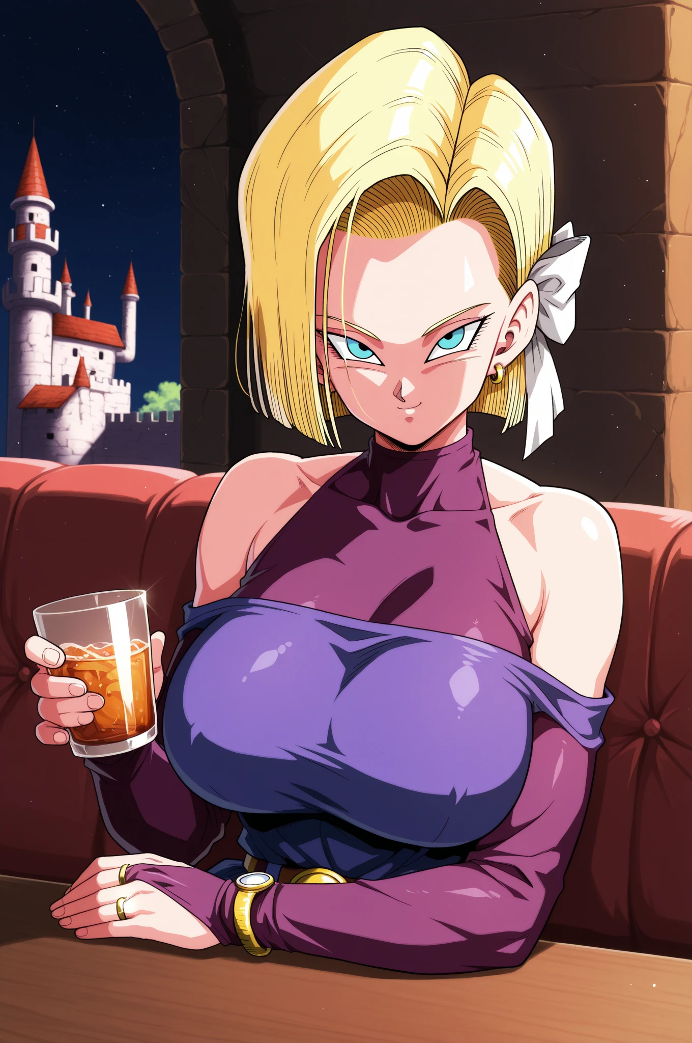 Caulifla, very big hard nipples , wearing black lingerie, bend over on the bed