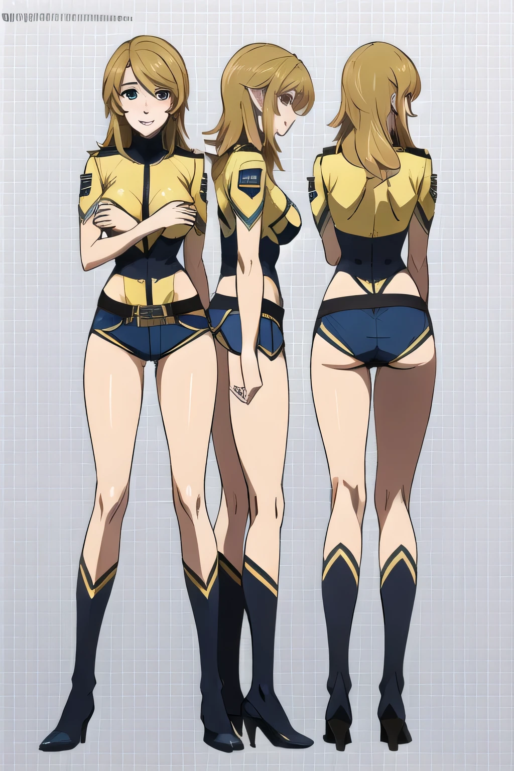 Can you draw a person with a full body in white uniform, Will he have long hair,Please Become Blonde,wavy hair elegant appearance,American police uniform ,Can you draw a military uniform, American police uniform ,smile, The mature sexual appeal of a 30-year-old woman,it's important to accurately draw her 5 fingers,2 human arms ,Big BreastsをさらにBig Breastsに、micro miniskirt,,, dark blue panties ,(draw a more delicate expression),( dark blue panties ),brown stockings,black high heels,That's enough, don't cut your face。I need it for work。, ,, , , She's an attractive woman , , , Big Breasts, Thin Waist , , ,dark blue panties through gaps