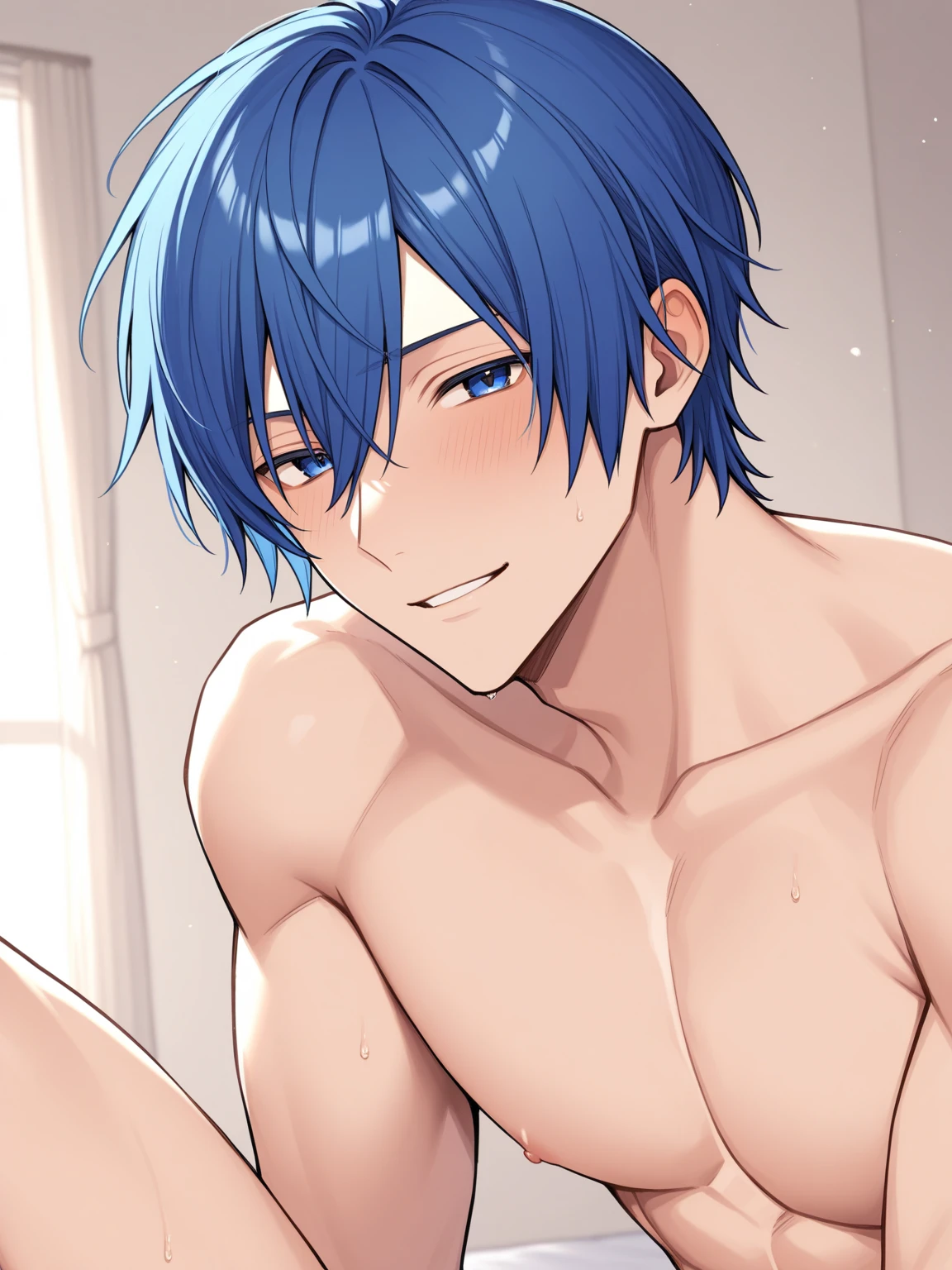 score_9, score_8_up, score_7_up, source_anime, NREAK,  flat color, anime screencap, solo, ikuchan, 1boy, twink, nude, matoi rykou, genderswap, genderbend, indoors, penis, streaked hair, huge penis, smirk, smug, imminent sex, solo, looking at viewer, pov