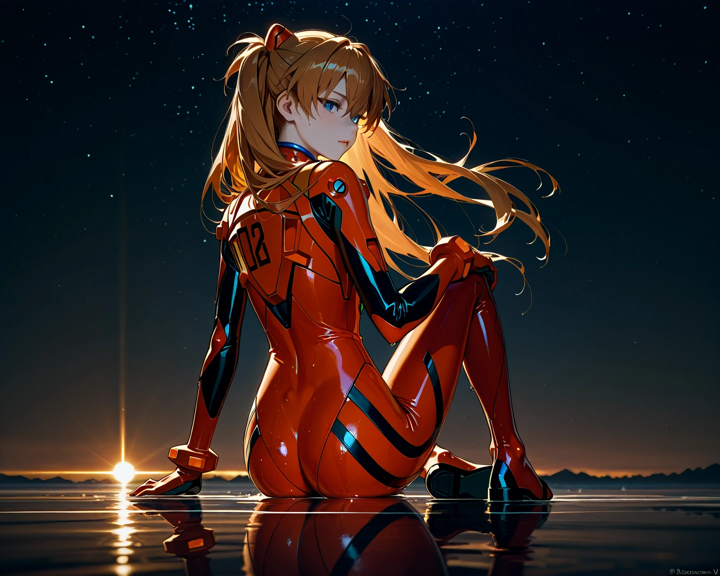 Asuka Langley ,masterpiece, best quality,,city,cyperpunk,night,rain,moon, ASS, BACK VIEWER, BLUSH, SEDUCTIVE LOOK,