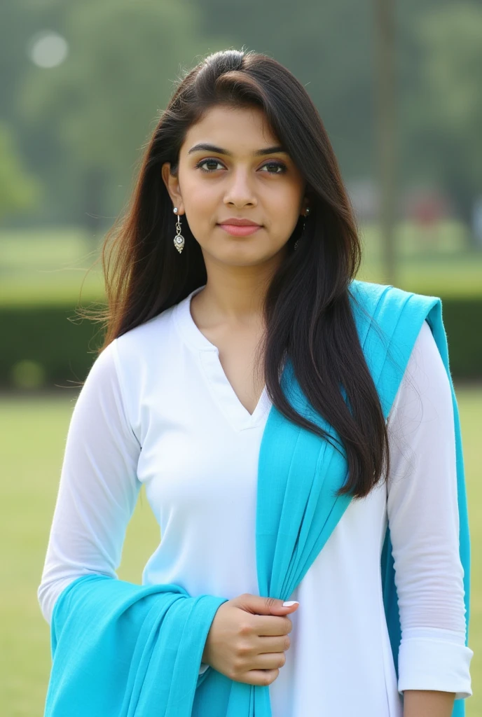 A 20-year-old Indian girl dressed in western dress attire exudes elegance and grace. She wears a vibrant and western dress, full body, unbuttoned white dress shirt