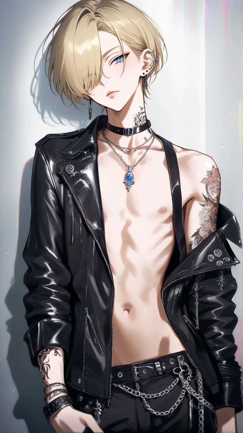 1boy,11 only、Man's ,silber hair、chains、 Collar,tattooed、Upper body naked、Leather pants、dark ilumination、Inside the prison、prison、hightquality、masutepiece,8K,